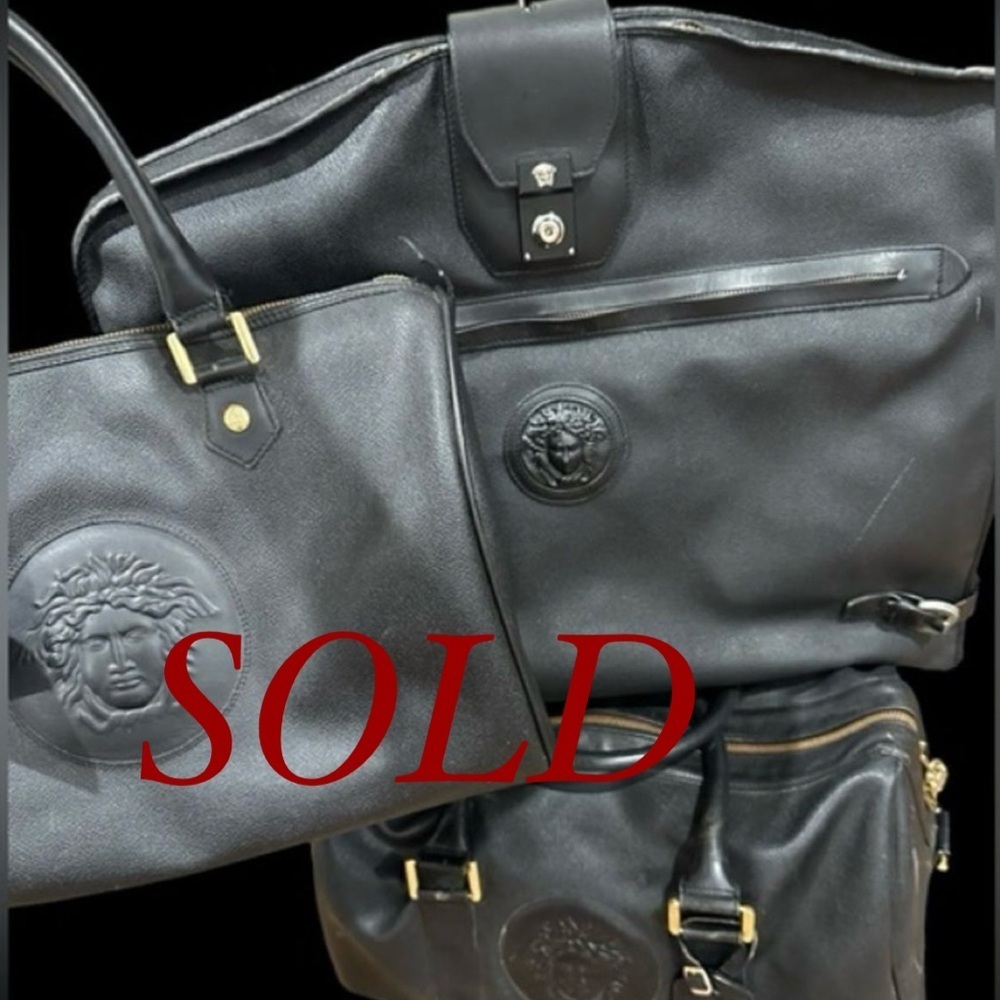 SOLD Vintage Versace Black on Black Leather Medusa Travel / Garment / Suit Bag